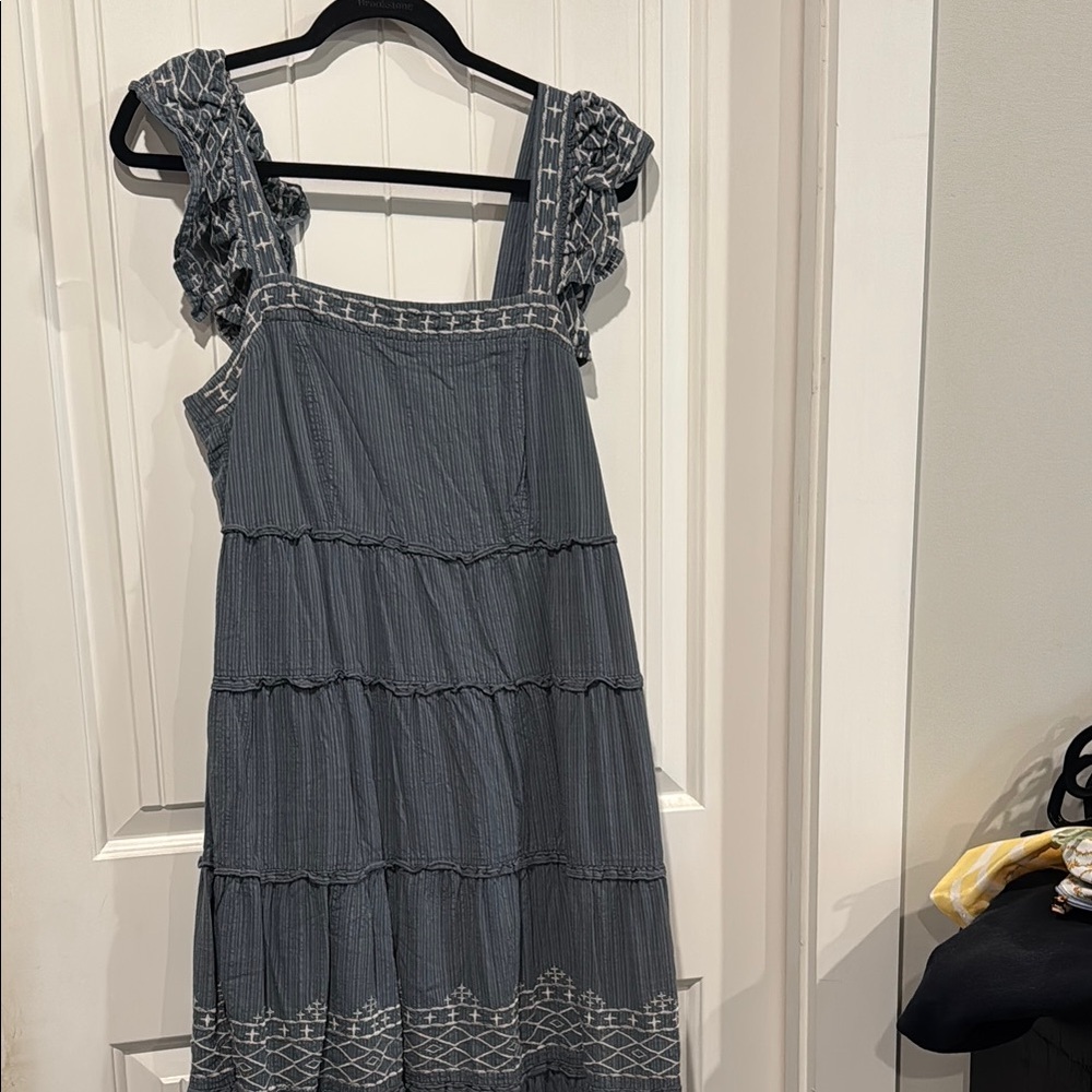 Sleeveless Tiered Sundress with Embroidered Straps - Slate Blue